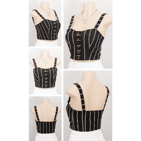 Black Striped Linen Cotton Button Up Cropped Top - Picture 3 of 8
